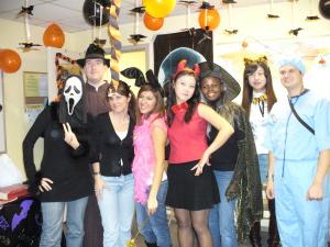 ILI students dressed up for Halloween in a decorated classroom